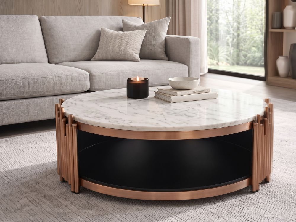 Artisan Dual-Tier Marble Coffee Table with Rose Gold Fluted Accents