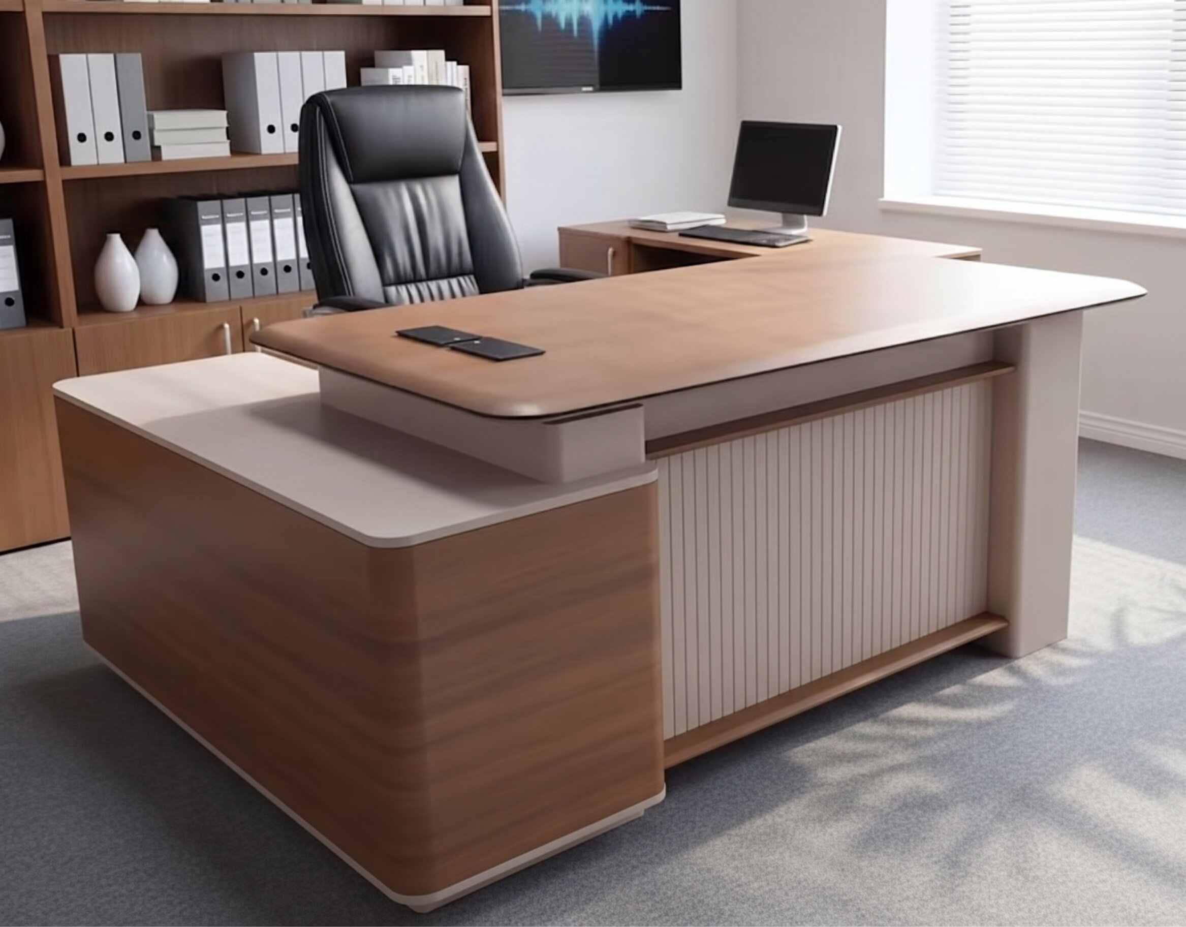 Regent Contemporary L-Shape Executive Desk with Fluted Panel